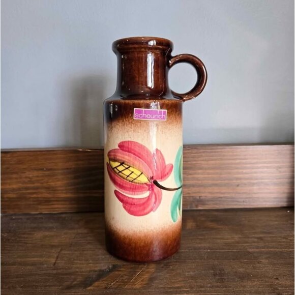 Vtg Scheurich West Germany Bottle Vase w Handle Floral Folk Art Pattern 407-20 - Picture 1 of 10